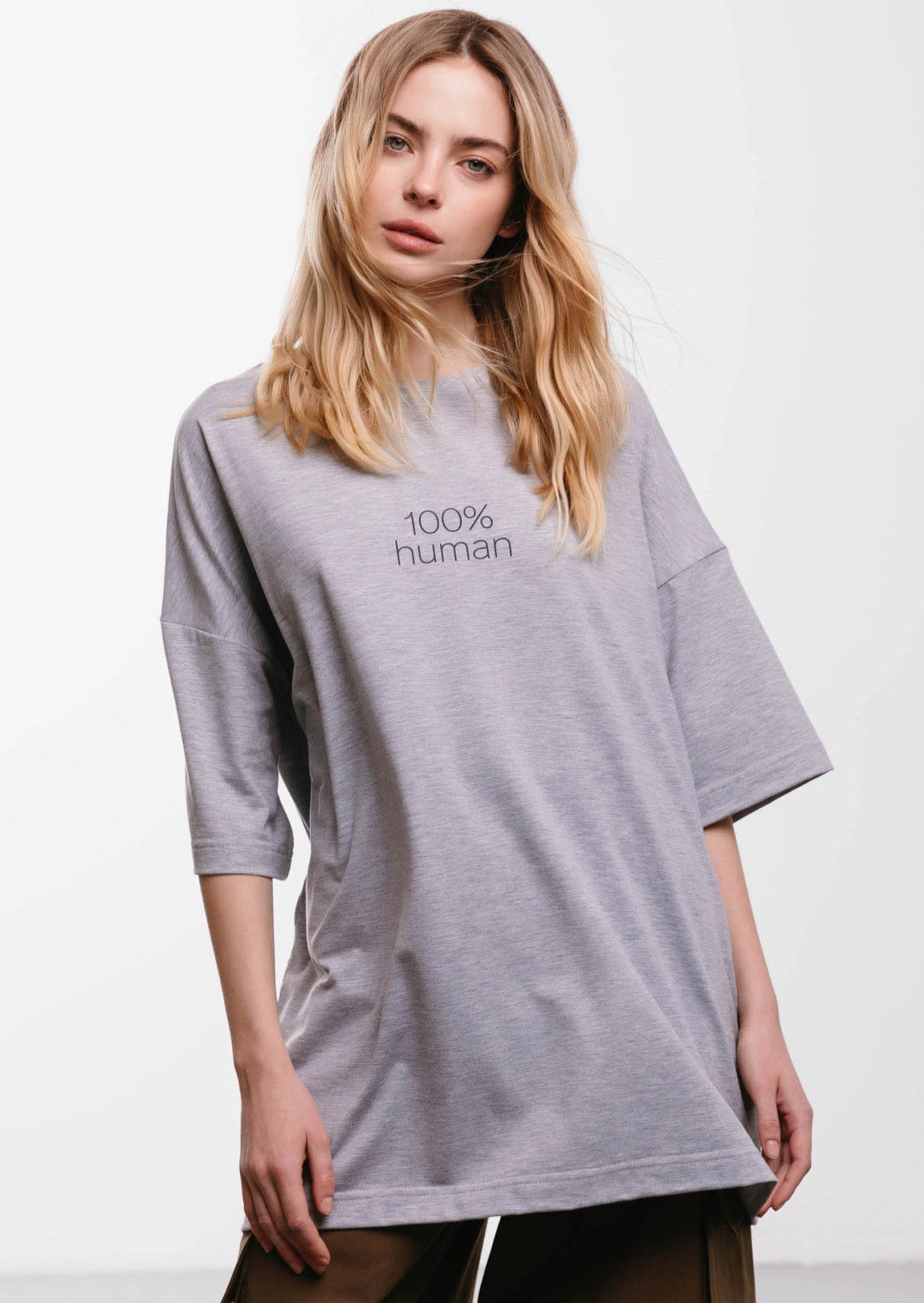 Grey melange color mega oversize unisex "100% human" T-shirt 